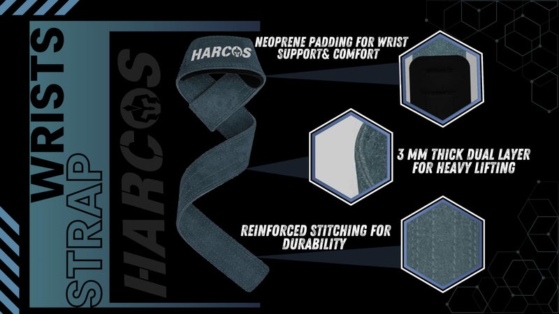 Harcos Premium 100 % Genuine Leather Weightlifting Gym Straps with 5mm Neoprene Padded Wrist Support Heavy Duty Double Stitched, Deadlifting, Powerlifting Gym Accessories for Men and Women with 54 CM Hand Bar Grip Extra-long length (Grey) - Image 2