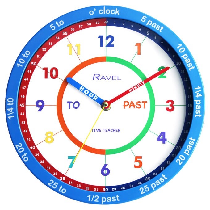 CHILDRENS 25CM TIME TEACHER WALL CLOCK RKC09 ANALOGUE QUARTZ BLUE
