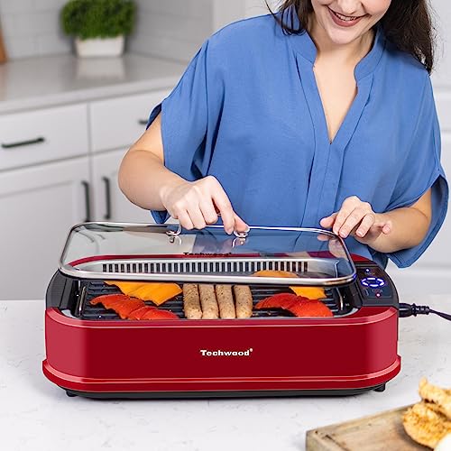 Techwood Smokeless Indoor Grill, Techwood 1500W Electric Grill Portable Korean Grill Non-Stick Grill Plates with Temperature Control, Removable Drip Tray, Tempered Glass Lid, Dishwasher-Safe - Image 2