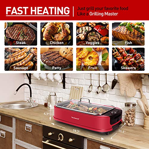 Techwood Smokeless Indoor Grill, Techwood 1500W Electric Grill Portable Korean Grill Non-Stick Grill Plates with Temperature Control, Removable Drip Tray, Tempered Glass Lid, Dishwasher-Safe - Image 3