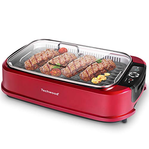 Techwood Smokeless Indoor Grill, Techwood 1500W Electric Grill Portable Korean Grill Non-Stick Grill Plates with Temperature Control, Removable Drip Tray, Tempered Glass Lid, Dishwasher-Safe - Image 1