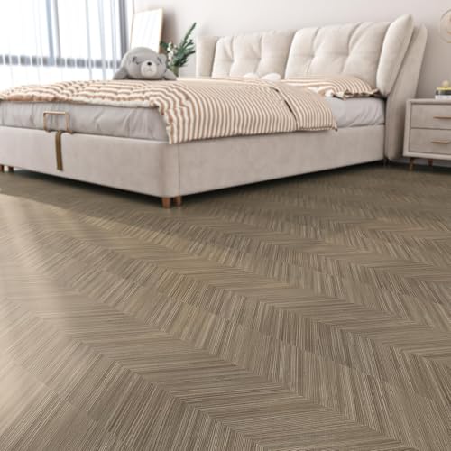 Livelynine Herringbone Wood Grain Contact Paper for Floors PVC Waterproof Linoleum Flooring Roll for Kitchen Vinyl Wrap Peel and Stick Brown Vinyl Flooring Rolls Laminate RV Flooring 158x788 Inch - Image 1