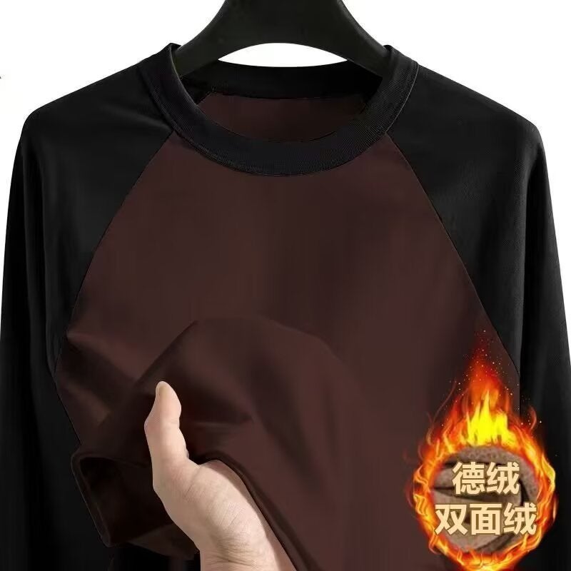 Autumn Men'S Double-Sided Velvet Long-Sleeved T-Shirt Teenagers Contrast Color Loose Base Shirt Solid Color Warm Shirt - Image 1