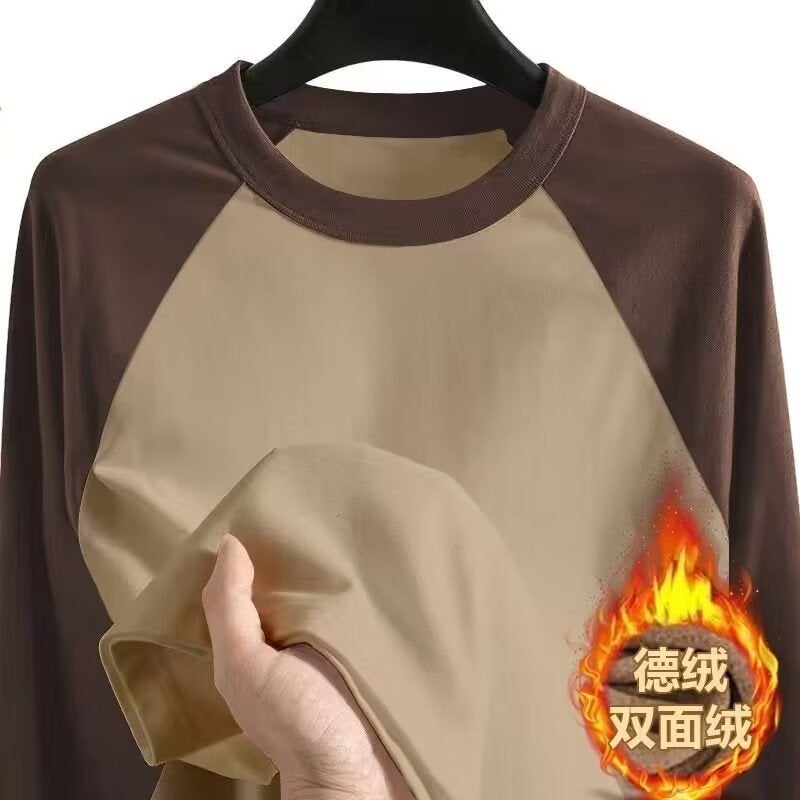 Autumn Men'S Double-Sided Velvet Long-Sleeved T-Shirt Teenagers Contrast Color Loose Base Shirt Solid Color Warm Shirt - Image 2