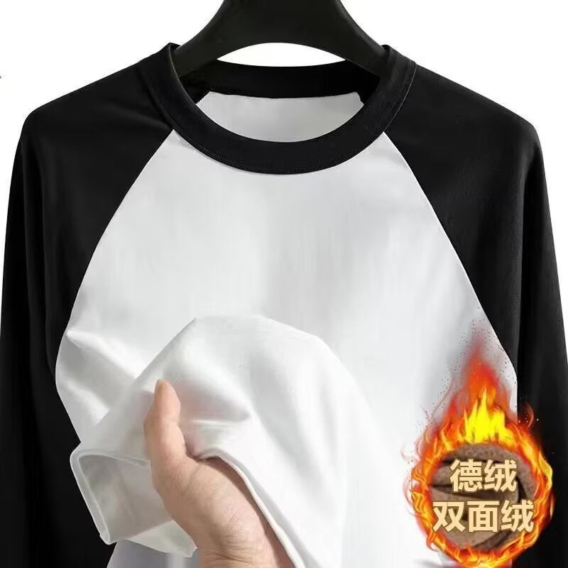 Autumn Men'S Double-Sided Velvet Long-Sleeved T-Shirt Teenagers Contrast Color Loose Base Shirt Solid Color Warm Shirt - Image 3