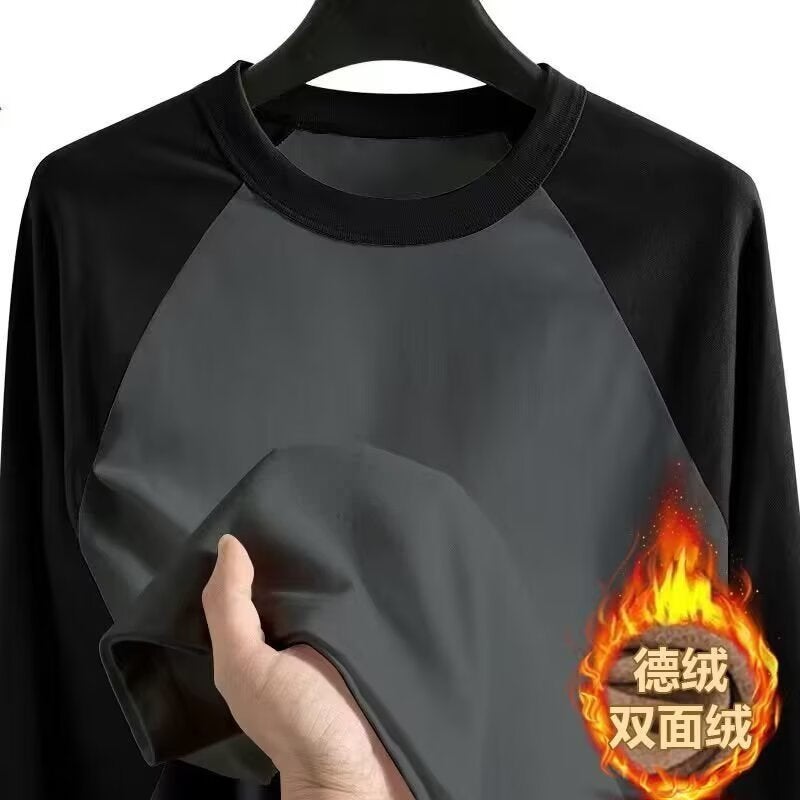 Autumn Men'S Double-Sided Velvet Long-Sleeved T-Shirt Teenagers Contrast Color Loose Base Shirt Solid Color Warm Shirt - Image 5