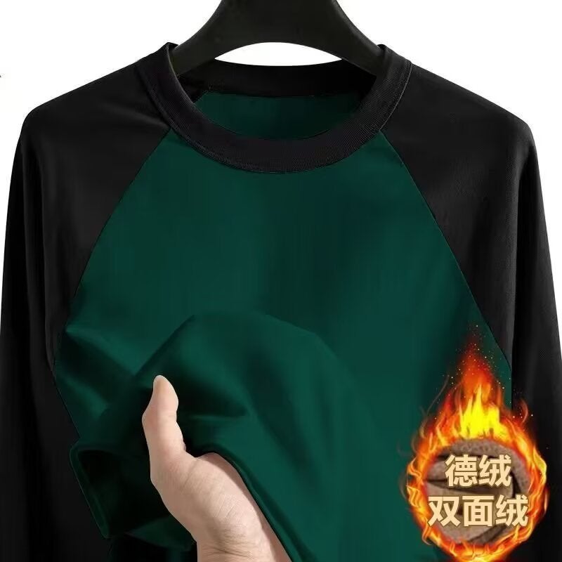 Autumn Men'S Double-Sided Velvet Long-Sleeved T-Shirt Teenagers Contrast Color Loose Base Shirt Solid Color Warm Shirt - Image 4