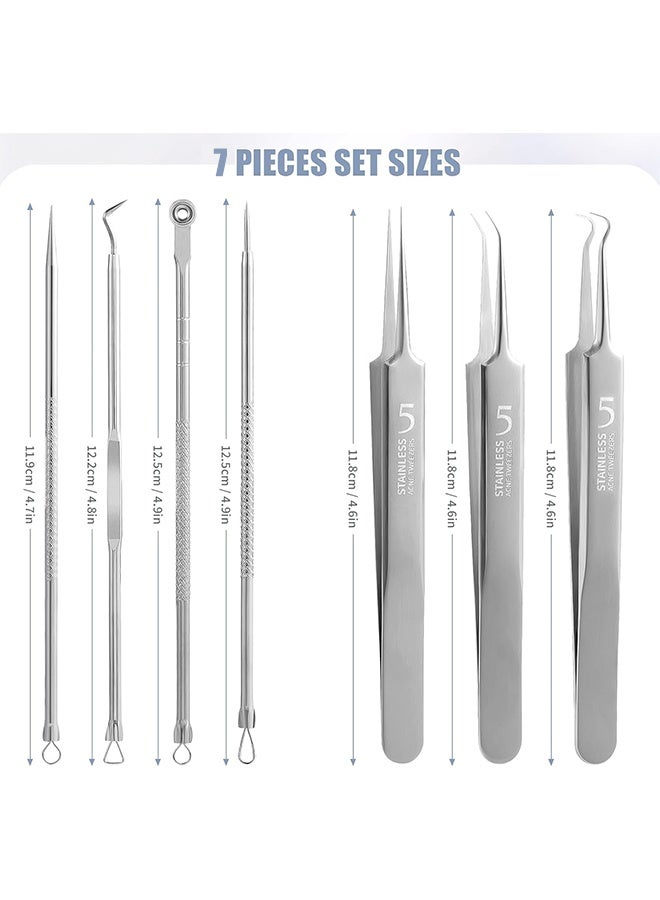مجموعة ملاقط دقيقة 7 في 1، ملقط مستقيم من الفولاذ المقاوم للصدأ لإزالة البثور والرؤوس السوداء وإزالة الشعر تحت الجلد وتمديد الرموش (7 قطع، فضي) - Image 2