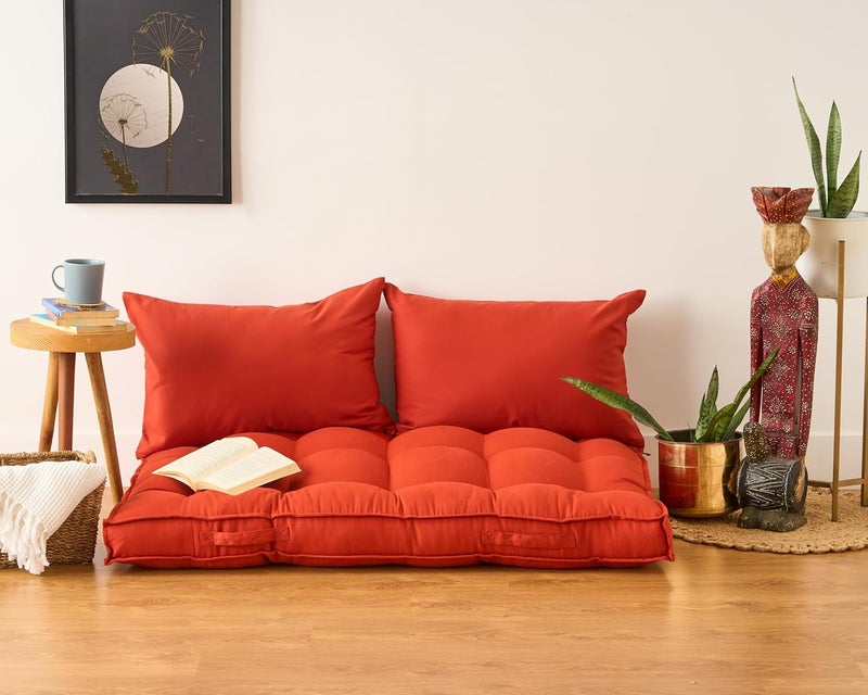 SKANDA FAB وسادة جلوس منخفضة - 100% قطن تويل، حشو ميكروفايبر مخطط يدويًا، وسادة أرضية مع 2 وسادة دعم للظهر - مثالية لغرفة المعيشة، الشرفة، الصالة - 80x120 تيراكوتا (عبوة من 1)، أحمر - Image 1