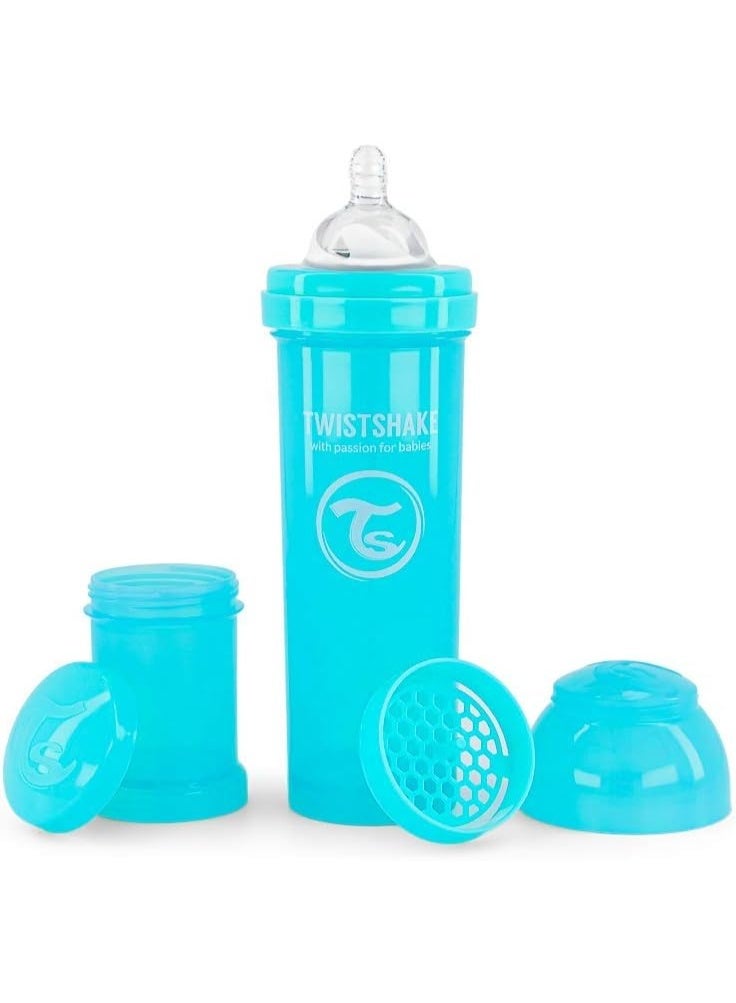 Twistshake Anti-Colic Baby Bottle with Milk Powder Container and Mixer - 330ml | Fast Flow Silicone Breast-Like Nipple | BPA- Free | Suitable for 4 Month+ | Blue - Image 1