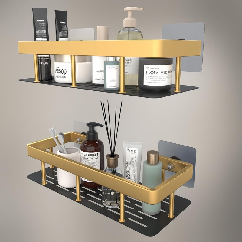 Pamidhar Wall Mounted Shower Caddy Shelf Space Saving High Load Bearing Aluminum Shower Storage Rack with Traceless Stickers for Bathroom & Kitchen Organized Storage (Golden) - Image 2