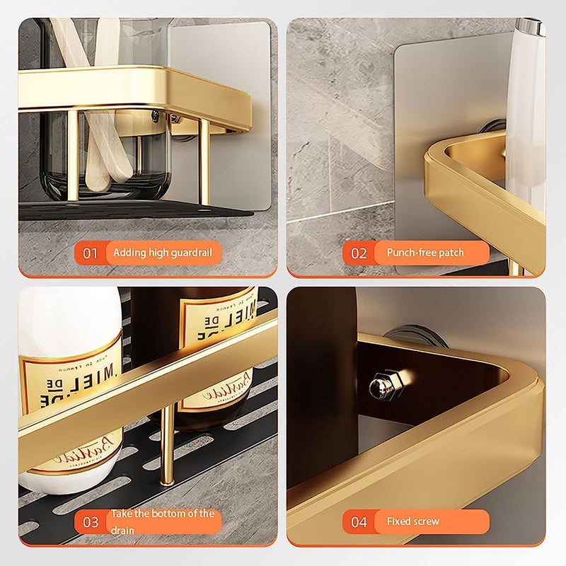 Pamidhar Wall Mounted Shower Caddy Shelf Space Saving High Load Bearing Aluminum Shower Storage Rack with Traceless Stickers for Bathroom & Kitchen Organized Storage (Golden) - Image 5
