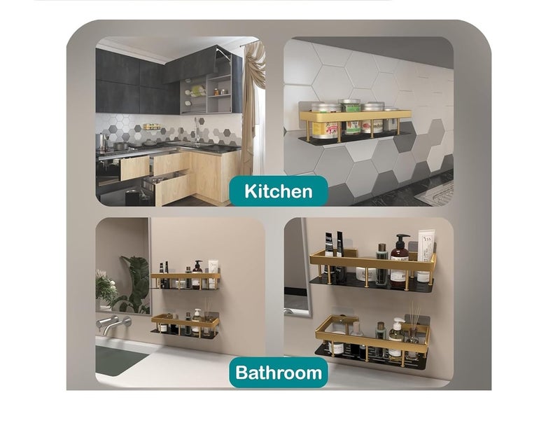 Pamidhar Wall Mounted Shower Caddy Shelf Space Saving High Load Bearing Aluminum Shower Storage Rack with Traceless Stickers for Bathroom & Kitchen Organized Storage (Golden) - Image 4