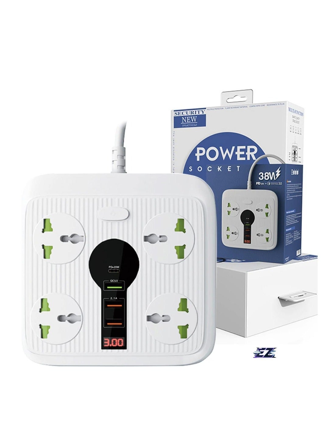 Power Strip Surge Protector with 4 AC Outlets & 3 USB Ports (1 PD), Flat Plug Extension Cord, 6ft Power Cord, Compact Desktop Socket for Travel, Home, and Office – Fast Charging & Overload Protection