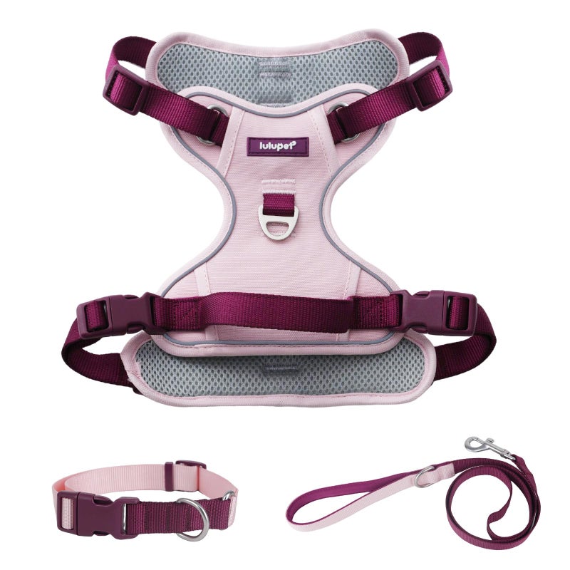 LULUPET 3 in 1 No Pull Dog Harness Leash and Collar Set, Soft Adjustable Dogs Vest Reflective and Comfortable Handle Pink Small - Image 1