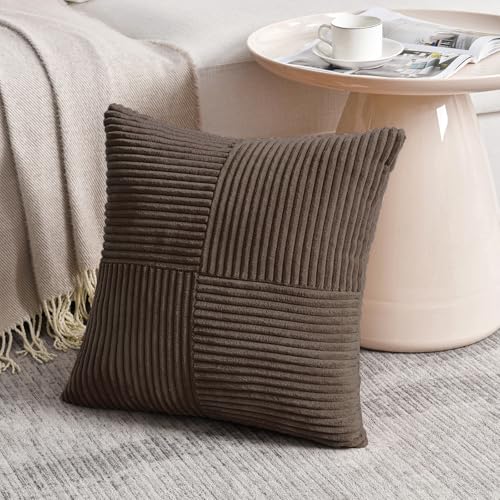 Fancy Homi 2 Packs Dark Brown Decorative Throw Pillow Covers 20x20 Inch for Living Room Couch Bed Sofa Rustic Farmhouse Boho Home Decor Soft Corss Corduroy Patchwork Accent Cushion Case 50x50 cm - Image 3