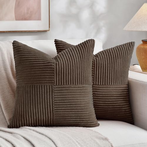Fancy Homi 2 Packs Dark Brown Decorative Throw Pillow Covers 20x20 Inch for Living Room Couch Bed Sofa Rustic Farmhouse Boho Home Decor Soft Corss Corduroy Patchwork Accent Cushion Case 50x50 cm - Image 1