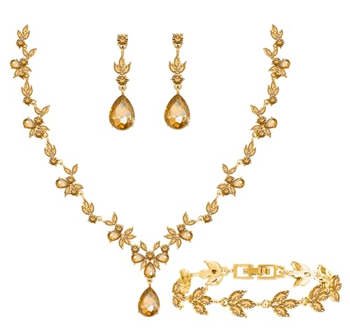 Paxuan Bridal Wedding Elegant Floral Jewelry Set for Women/Brides/Bridesmaids Crystal Jewelry Set for Wedding Prom Party Bridal Crystal Necklace Earrings Bracelet Set (Champagne (Gold)) - Image 1