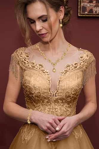 Paxuan Bridal Wedding Elegant Floral Jewelry Set for Women/Brides/Bridesmaids Crystal Jewelry Set for Wedding Prom Party Bridal Crystal Necklace Earrings Bracelet Set (Champagne (Gold)) - Image 3