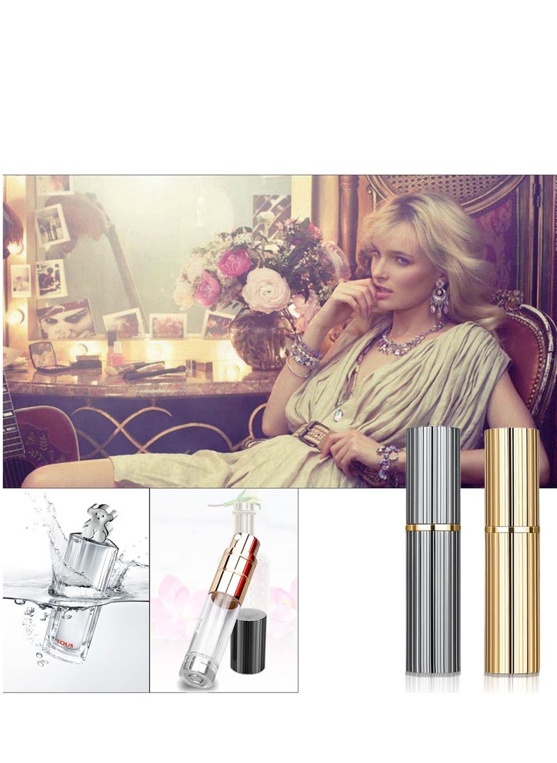 5ml Portable Mini Perfume Atomizer, 2 Pcs Aluminum Alloy Shell Refillable Empty Small Spray Bottle with No Leaking Bottom Filling Valve, TSA Scent Pump Case for Men and Women (black+golden)