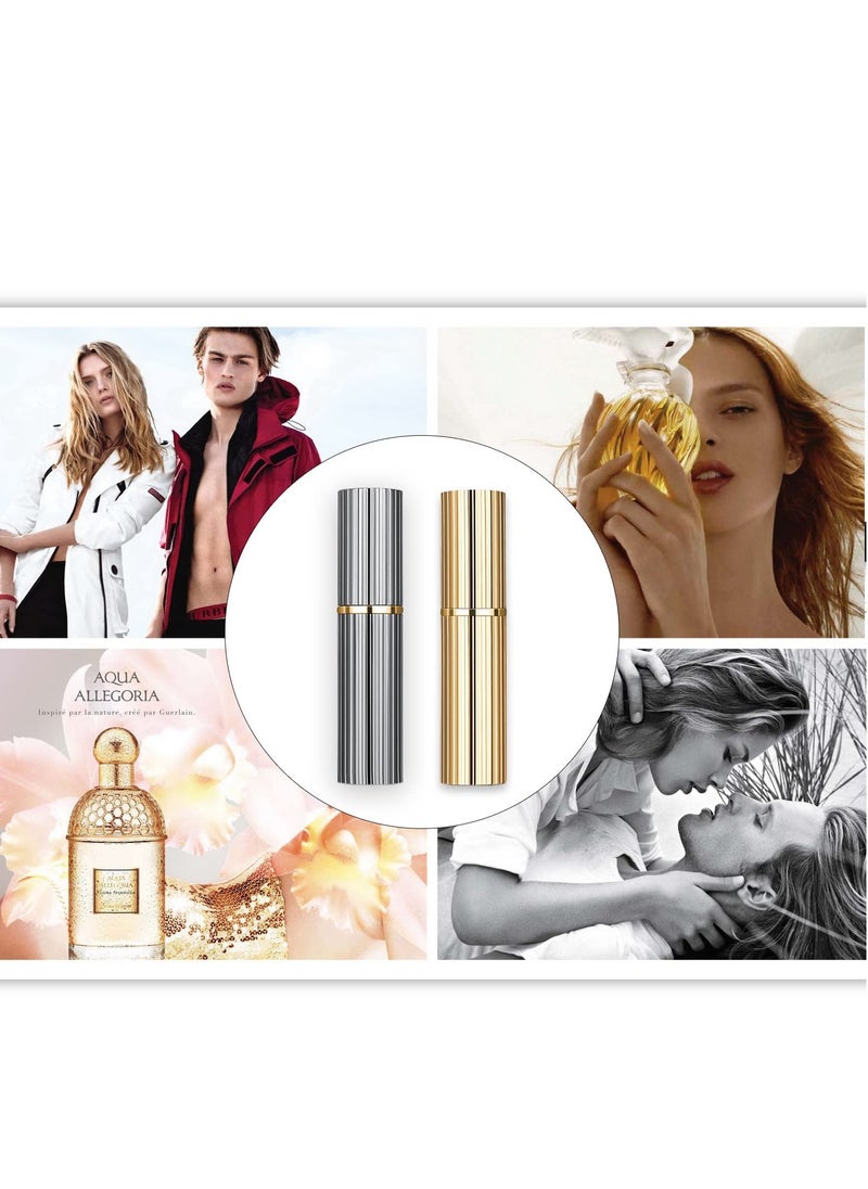 5ml Portable Mini Perfume Atomizer, 2 Pcs Aluminum Alloy Shell Refillable Empty Small Spray Bottle with No Leaking Bottom Filling Valve, TSA Scent Pump Case for Men and Women (black+golden)