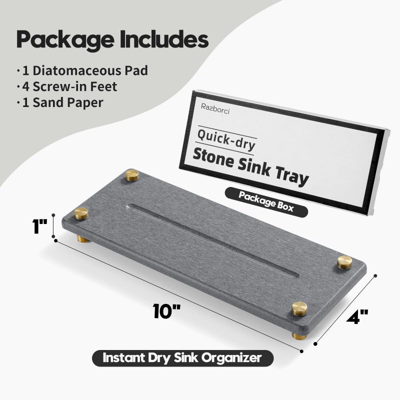 Razborci Kitchen Sink Caddy Water Absorbing Stone Drying Tray, Diatomite Bathroom Sink Organizer, Faucet Counter Mat Coaster, Soap Dish Rack Riser Dispenser Sponge Holder, Dark Gray Gold 10" x 4" - Image 3