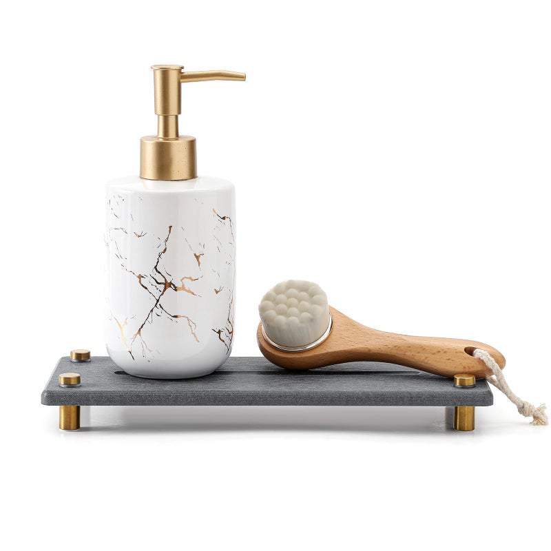 Razborci Kitchen Sink Caddy Water Absorbing Stone Drying Tray, Diatomite Bathroom Sink Organizer, Faucet Counter Mat Coaster, Soap Dish Rack Riser Dispenser Sponge Holder, Dark Gray Gold 10" x 4" - Image 1