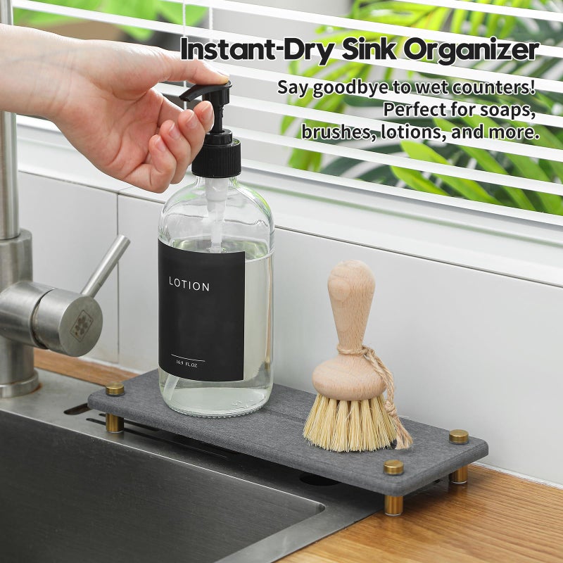 Razborci Kitchen Sink Caddy Water Absorbing Stone Drying Tray, Diatomite Bathroom Sink Organizer, Faucet Counter Mat Coaster, Soap Dish Rack Riser Dispenser Sponge Holder, Dark Gray Gold 10" x 4" - Image 2