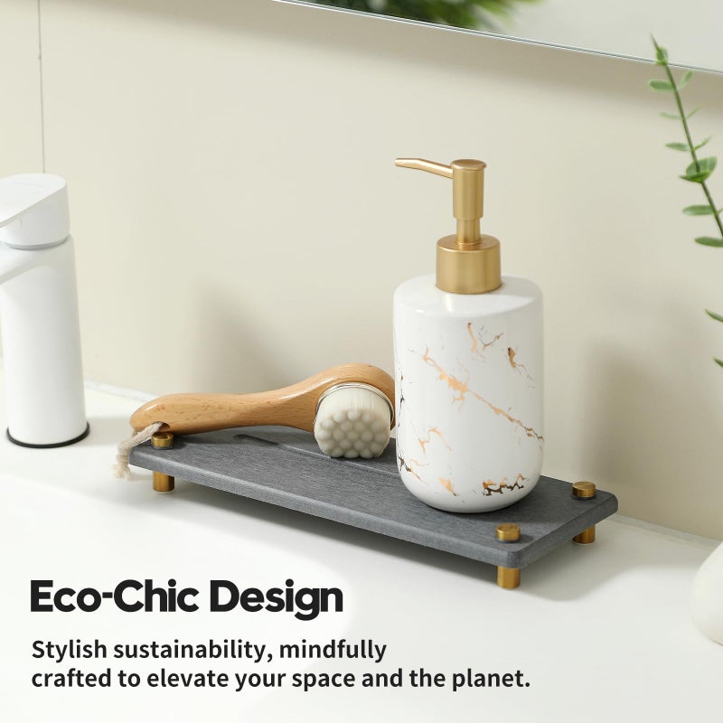 Razborci Kitchen Sink Caddy Water Absorbing Stone Drying Tray, Diatomite Bathroom Sink Organizer, Faucet Counter Mat Coaster, Soap Dish Rack Riser Dispenser Sponge Holder, Dark Gray Gold 10" x 4" - Image 5