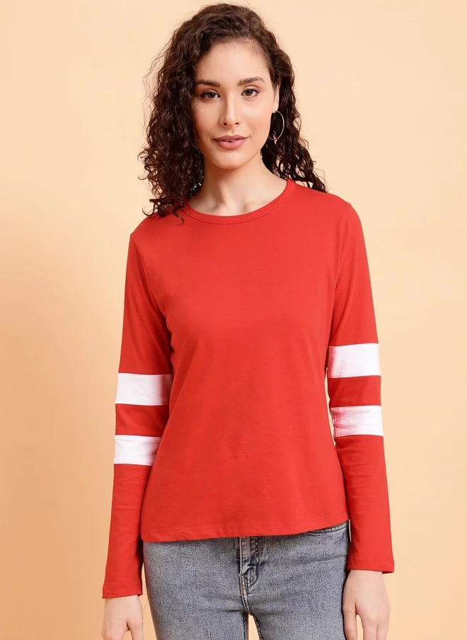 MINT STREET Red Striped Cotton T-Shirt for Women