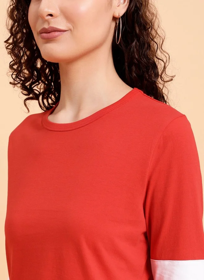 MINT STREET Red Striped Cotton T-Shirt for Women