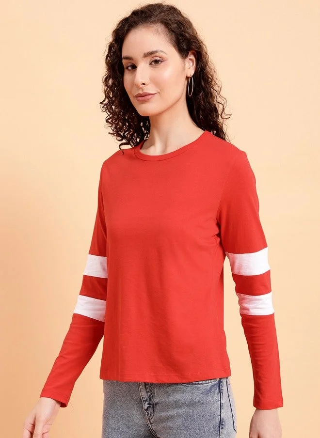 MINT STREET Red Striped Cotton T-Shirt for Women