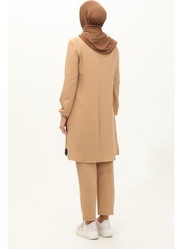 Sefa Merve Aerobin Fabric Garnished Tunic Trousers Double Suit 1003-07 Mink  - Image 5