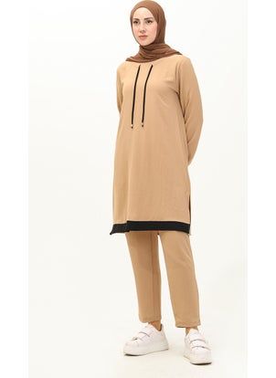 Sefa Merve Aerobin Fabric Garnished Tunic Trousers Double Suit 1003-07 Mink  - Image 2