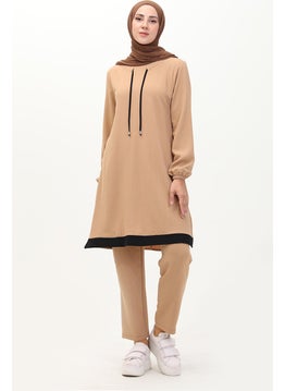 Sefa Merve Aerobin Fabric Garnished Tunic Trousers Double Suit 1003-07 Mink  - Image 1