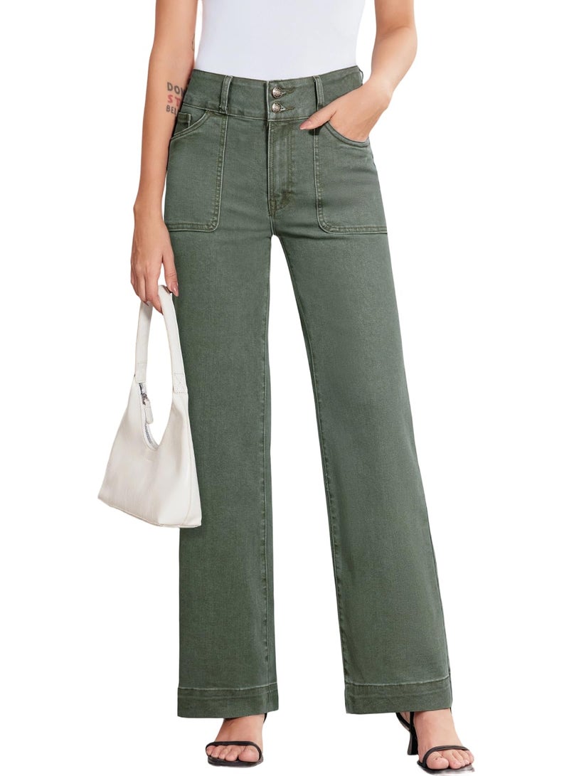 Sidefeel Women's Jeans Spring Outfits High Waisted Stretchy Tummy Control Wide Leg Denim Pants Geen Size 14 - Image 1