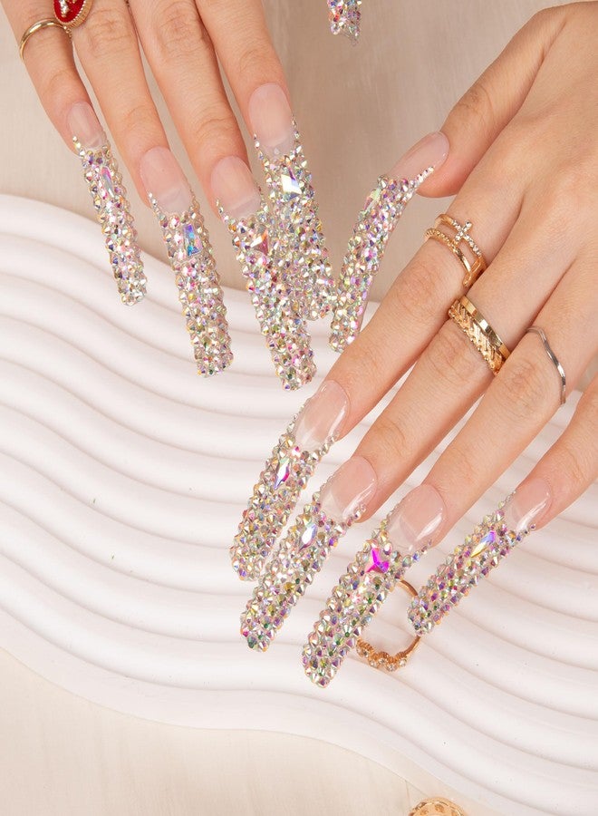 LOVFUL Press on Nails Angel's Tear Rhinestone | Handmade with Full Covered Crystals | Reusable Full Cover Nails | Curve Long 2.2 in | H48-S - Image 3