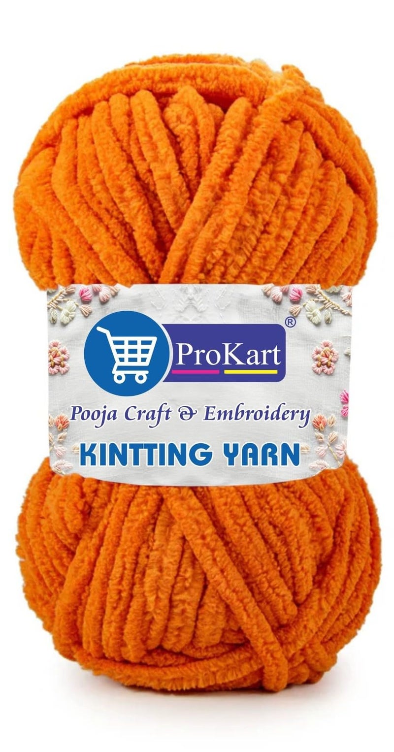 ProKart Premium Blankie Wool, Plush & Cuddly, Chenille Yarn Supersoft Hand Knitting Wool Ball | Blanket Thick/Mottu Yarn Ball Suitable for Hand Knitting and Crocheting (Bright Orange, 100gms x 1 Pack) - Image 1