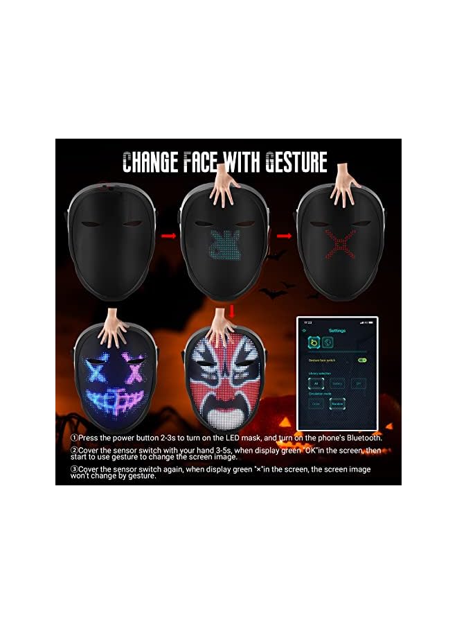 The Bros قناع LED مع بلوتوث قابل للبرمجة، قناع مضيء قابل لإعادة الشحن، تغيير بالإيماءات، صور قابلة للتخصيص، لملابس التنكر، الحفلات التنكرية، حفلات عيد الميلاد، النوادي الليلية، مهرجانات الموسيقى، الهالوين - Image 2