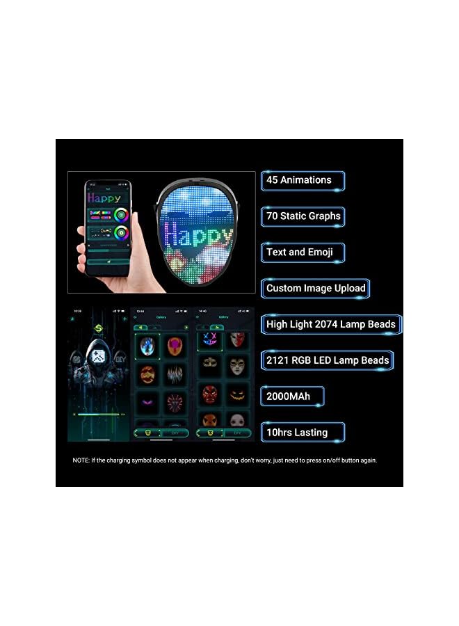 The Bros قناع LED مع بلوتوث قابل للبرمجة، قناع مضيء قابل لإعادة الشحن، تغيير بالإيماءات، صور قابلة للتخصيص، لملابس التنكر، الحفلات التنكرية، حفلات عيد الميلاد، النوادي الليلية، مهرجانات الموسيقى، الهالوين - Image 4