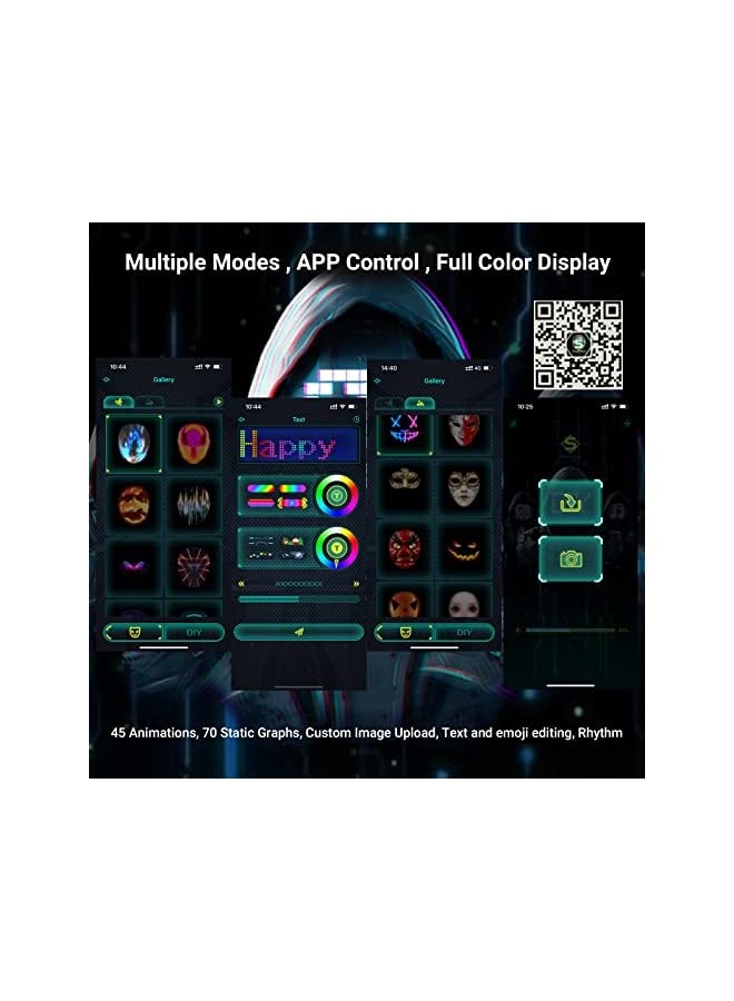 The Bros قناع LED مع بلوتوث قابل للبرمجة، قناع مضيء قابل لإعادة الشحن، تغيير بالإيماءات، صور قابلة للتخصيص، لملابس التنكر، الحفلات التنكرية، حفلات عيد الميلاد، النوادي الليلية، مهرجانات الموسيقى، الهالوين - Image 3