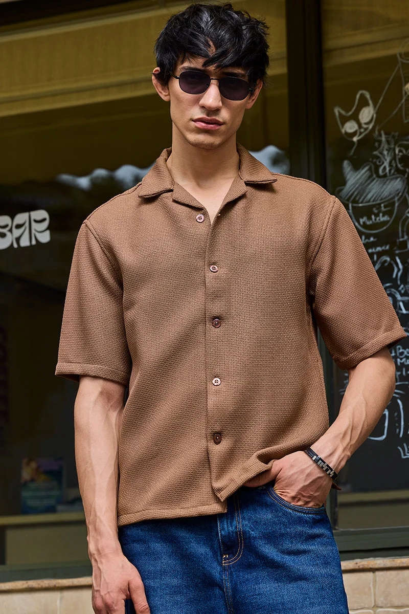 SNITCH Brown Textured Half Sleeve Oversized Shirt