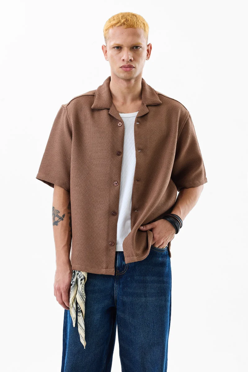 SNITCH Brown Textured Half Sleeve Oversized Shirt