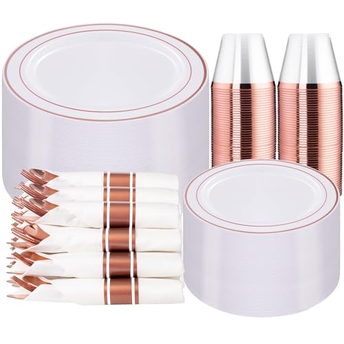 WELLIFE 350Pcs Rose Gold Plastic Plates for 50 Guests  Disposable Plates for Party Includes 100 Rose Gold Plates150 Silverware50 Napkins50 Cups for PartyPlastic Dinnerware Set