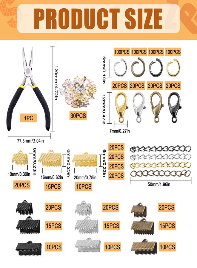 Tanstic 771Pcs 4 Colors Ribbon Ends Fastener Clasps Kit, Bookmark Pinch Crimp Ends with Jump Rings, Lobster Claw Clasps, Chain Extenders, Pendant Charms and Jewelry Pliers for DIY Crafts - Image 2