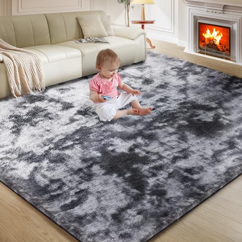 Fairblink 5X8 Ultra Soft Rug for Living Room, Fluffy Shag Area Rug for Bedroom, Modern Shaggy Carpets Fuzzy Rug for Teens Dorm Nursery Home Decor Aesthetic, Upgrade Anti-Skid Durable, Tie Dye Black and Grey - Image 1