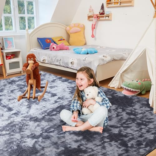 Fairblink 5X8 Ultra Soft Rug for Living Room, Fluffy Shag Area Rug for Bedroom, Modern Shaggy Carpets Fuzzy Rug for Teens Dorm Nursery Home Decor Aesthetic, Upgrade Anti-Skid Durable, Tie Dye Black and Grey - Image 3
