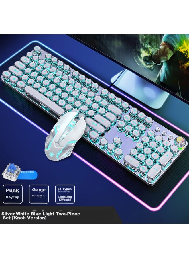 Eweadn Tk100 Punk Mechanical Keyboard And Mouse Combo For Gaming, Wired Computer Keyboard And Mouse Set For Office Typing, Retro Peripherals, White With Ice Blue Light Switches - Image 1