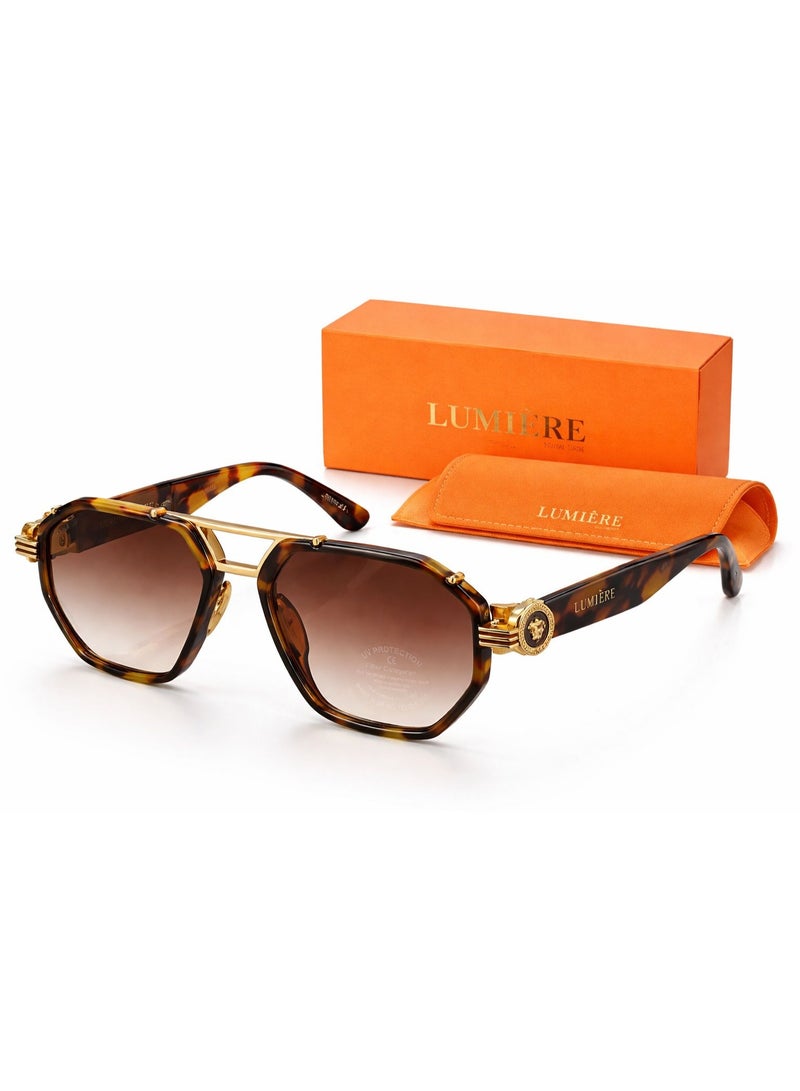 LUMIÈRE Luxury Aviator Square Sunglasses – Tortoiseshell Frame with Gold Metal Bridge, Gradient UV400 Lenses, Designer Unisex Eyewear with Case