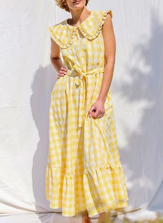 HOULENGS Women's Summer Sleeveless Gingham Plaid Ruffle Maxi Dress Cute Peter Pan Collar Flowy Beach Long Dress with Pockets, Yellow, L - Image 4